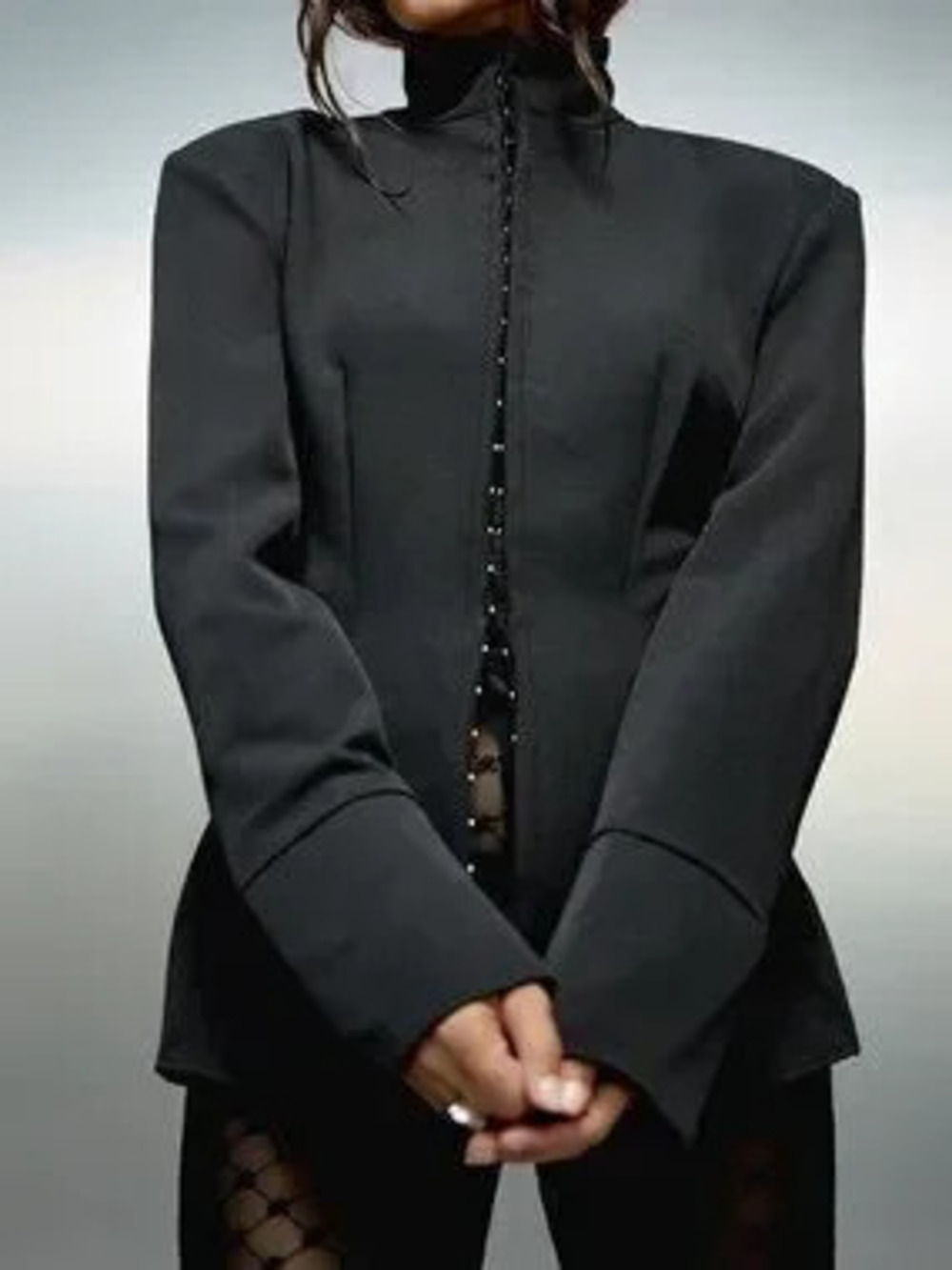 Black Elegant Women's Button Front Stand Collar Long Flared Cuffs Regular Top